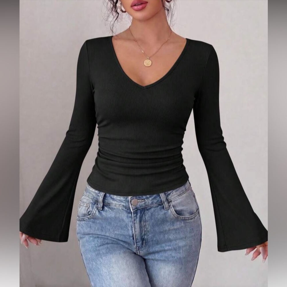 Women's Black V-Neck Bell Sleeve Top